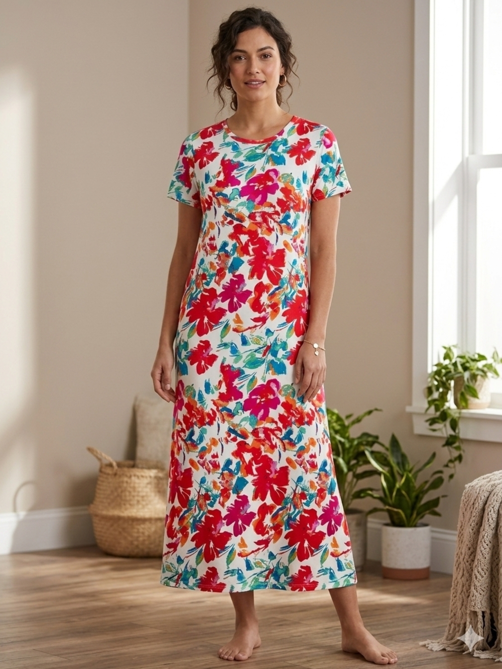 Women's White Maxi Dress with Red & Pink Floral Print